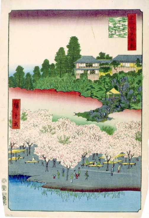 Print of a landscape with a river in the foreground, cherry trees in bloom in the mid-ground, and buildings in the background