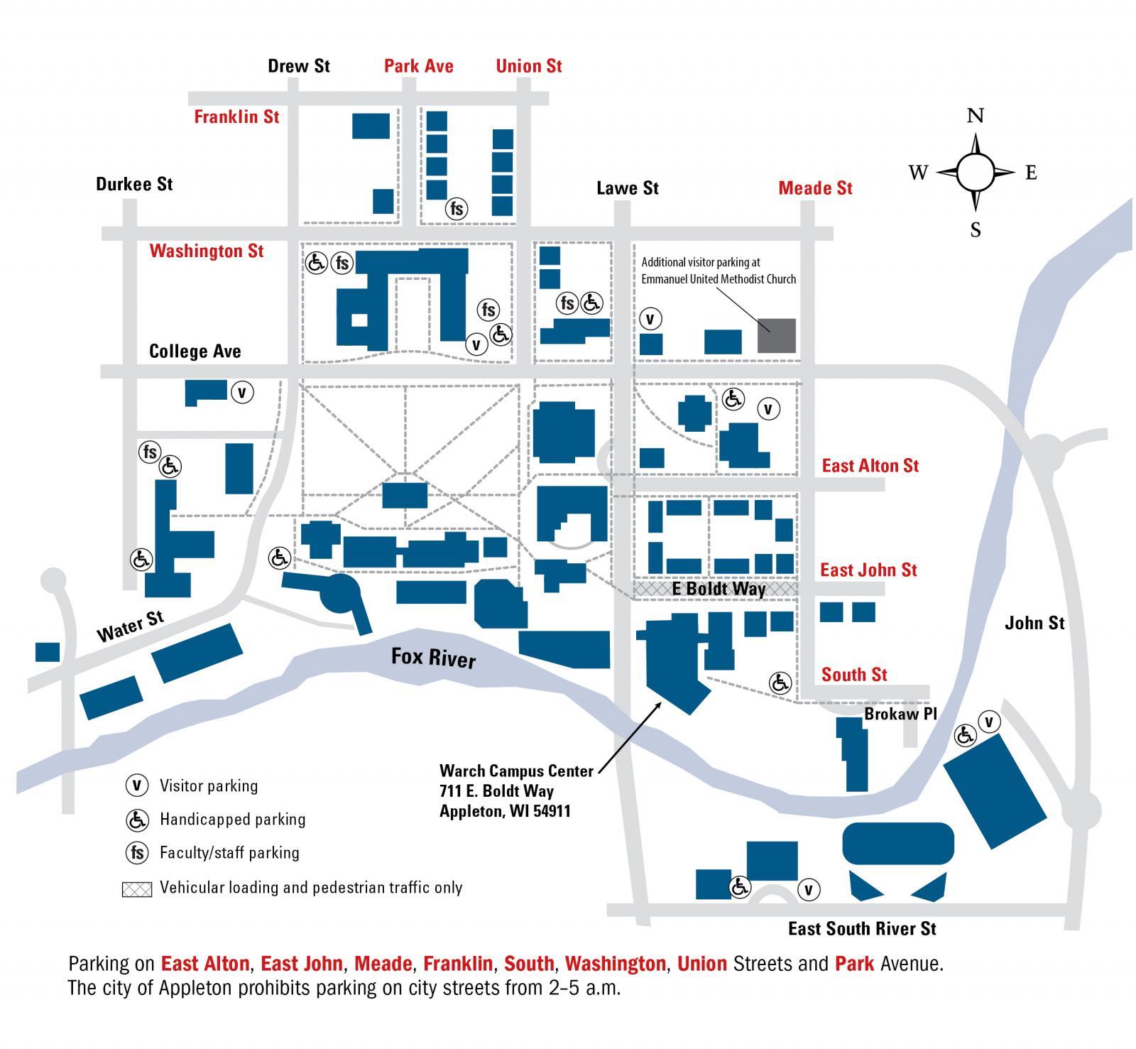 Map of campus parking for special events at Warch Campus Center