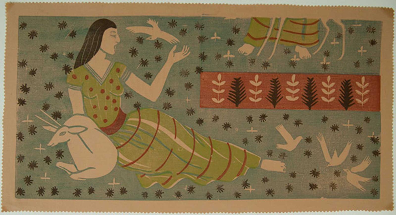 On the left side, a stylized image of a woman half-laying down on a field of blue with a white goat and doves around her. A horizontal band of red with white and black leafy designs on the right. 