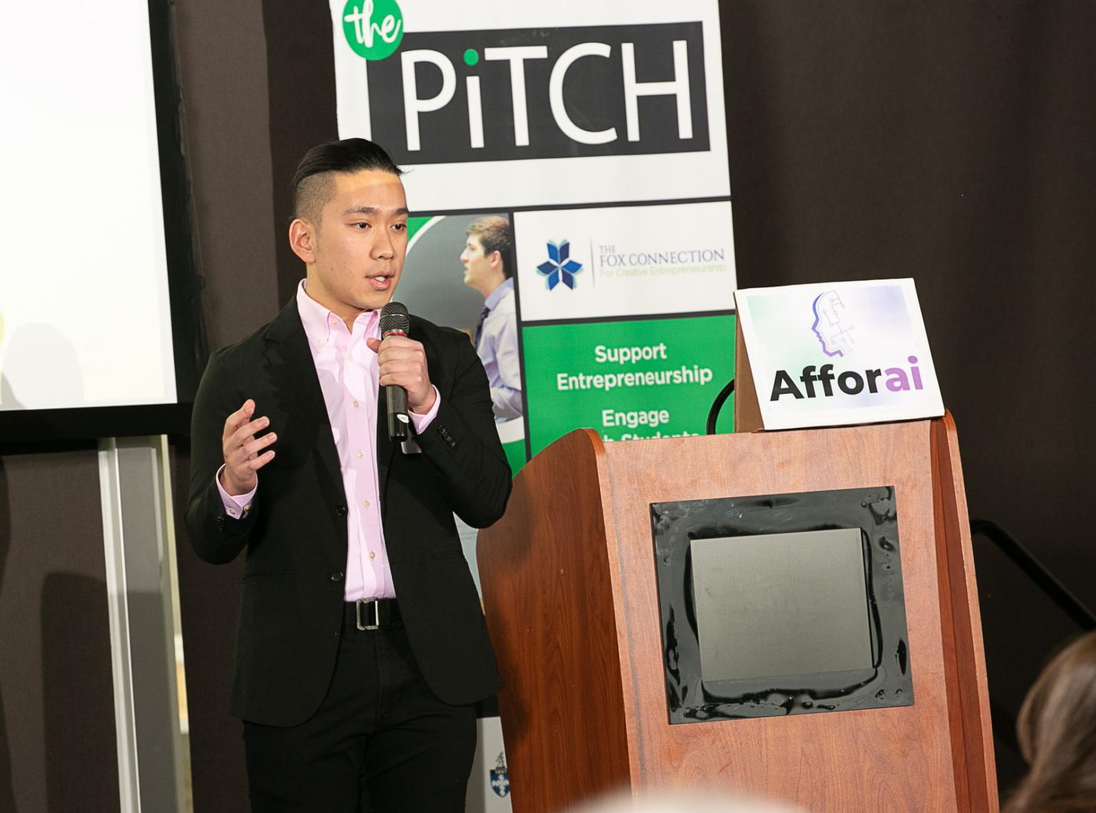 Alec Nguyen delivers his Afforai pitch during The Pitch competition in the spring.