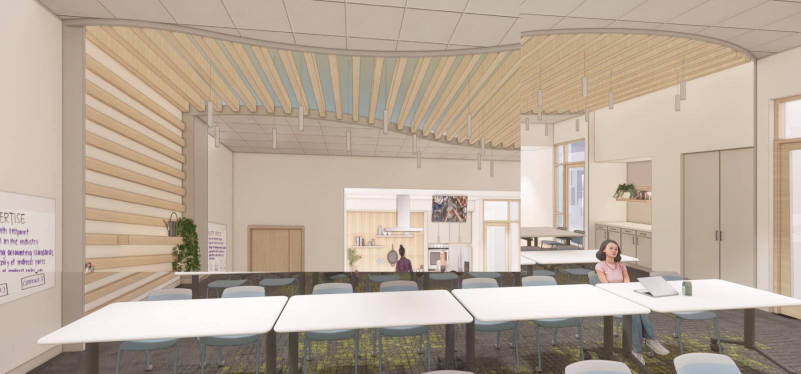 A drawing shows what the Pre-Health Commons will look like in Fox Commons, including a built-in kitchen amid the teaching spaces.