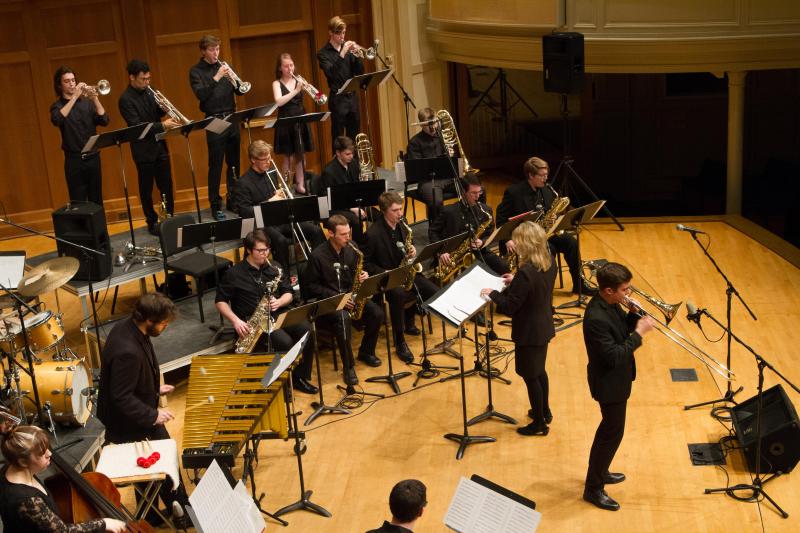 The Lawrence Jazz Ensemble performs on the stage of Memorial Chapel. 