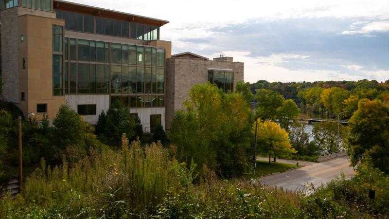Fall view of Warch Campus Center and Fox River