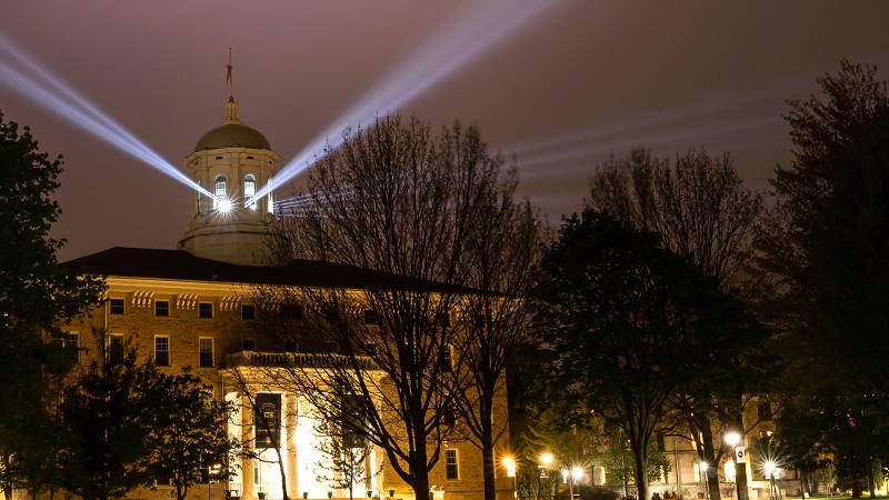 Main Hall cupola lit up at night following the Inauguration ceremony of President Laurie A. Carter