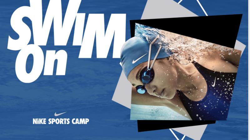 Nike summer swim camp graphic with swim on text and a female swimmer swimming