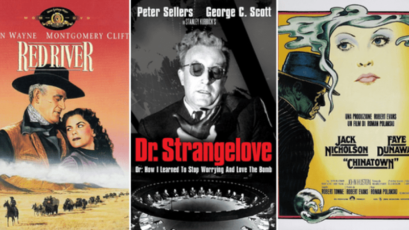 movie posters for (from left) Casablanca, Red River, Dr. Strangelove, Chinatown, Die Hard