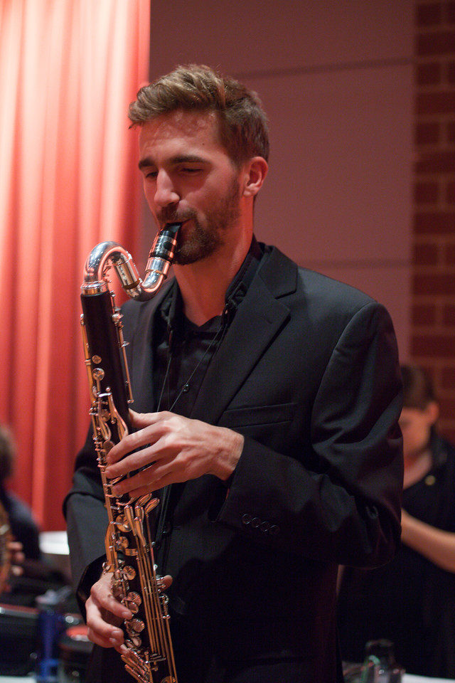 Clarinet student playing the bass clarinet