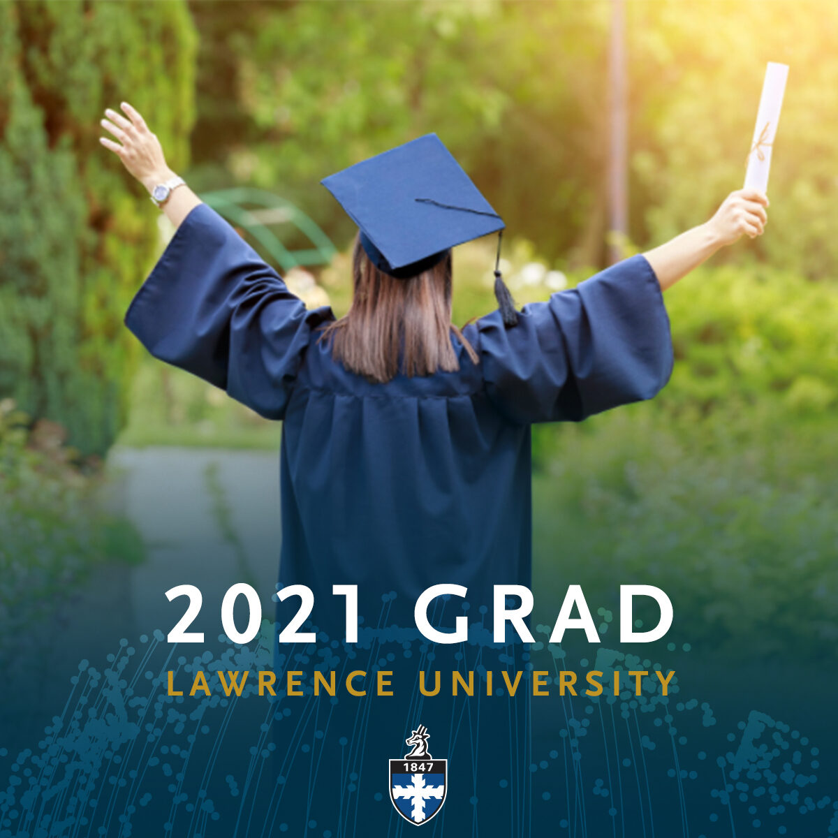 Facebook profile frame featuring graduate in cap and gown. Frame reads: 2021 Grad Lawrence University.
