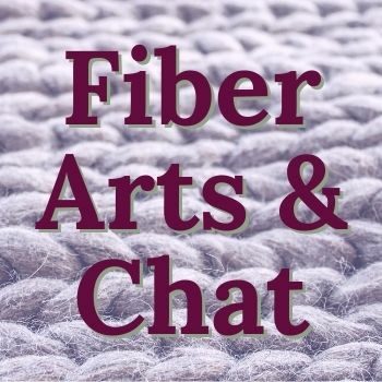 Text reads, "Fiber arts & chat" on top of a background with purple yarn.