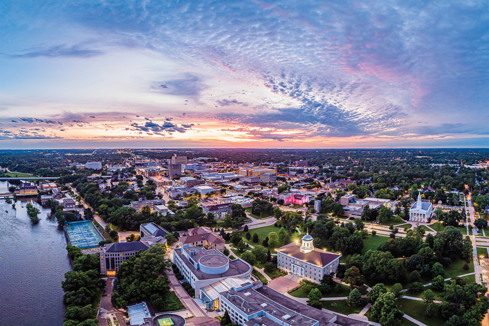 Aerial view of Lawrence University at sunset