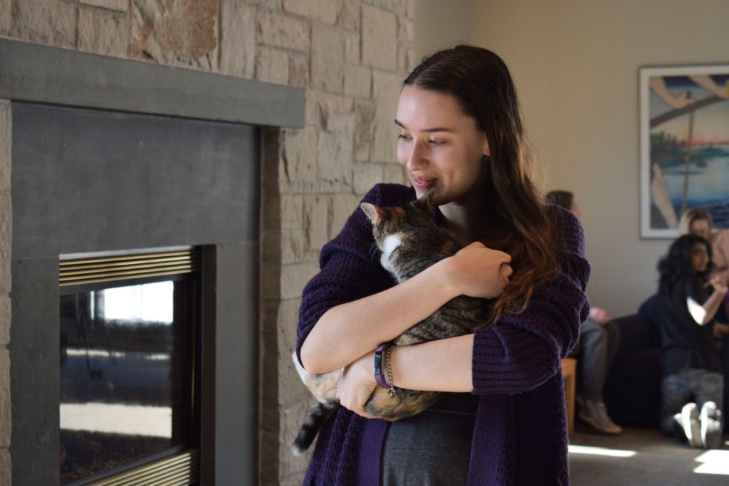 Student volunteers organized a Cat Cafe during Winter Term, allowing students to spend time with the cats. It raised money for a local animal rescue organization. (Photo by Mia Francis)