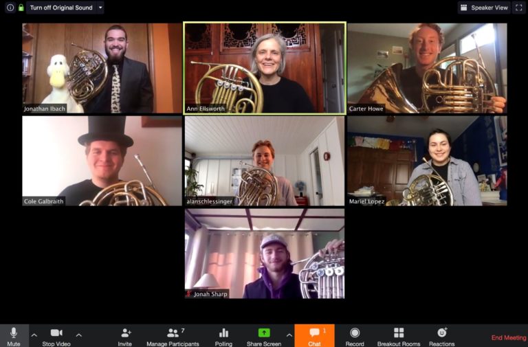 Horn students join Ann Ellsworth (top middle) for daily warm-ups via Zoom