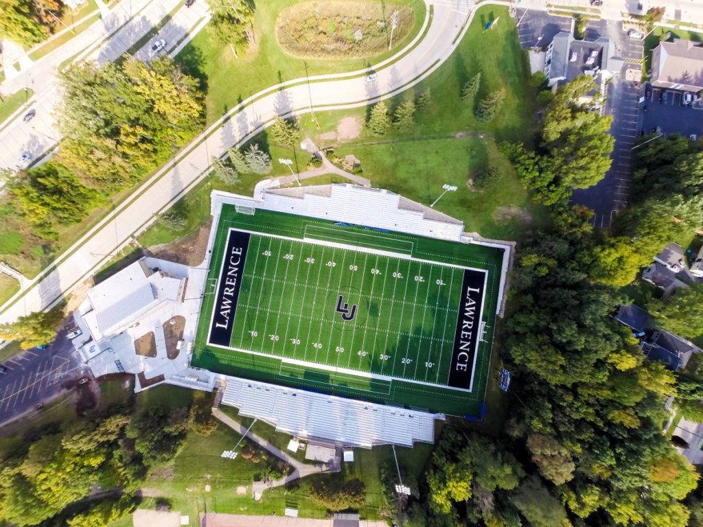 Aerial shot of The Banta Bowl, football field 