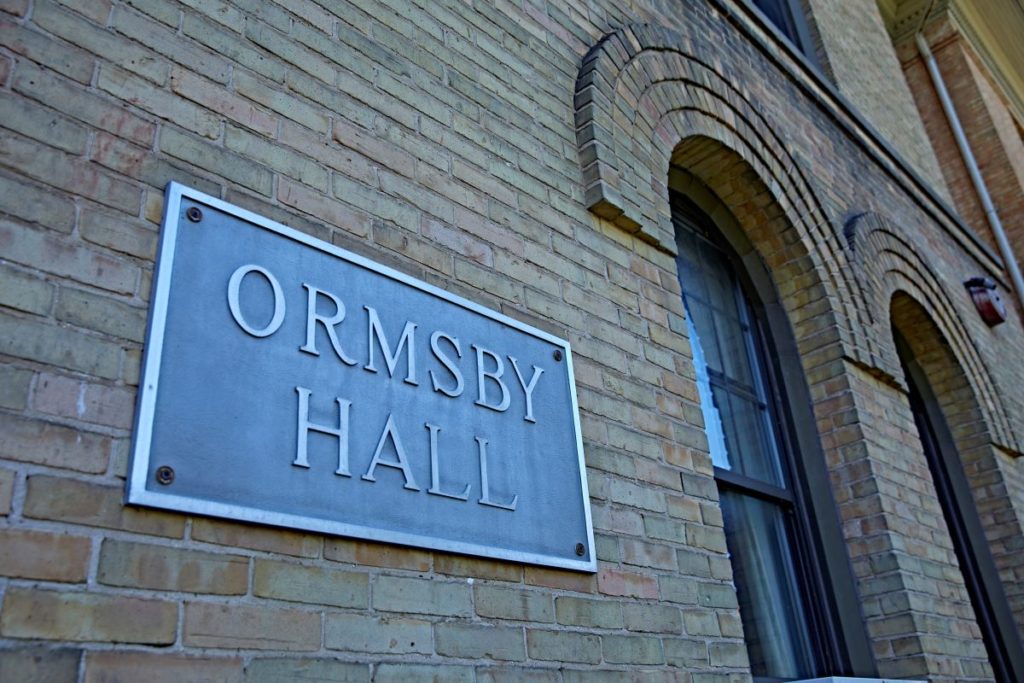 Close up of the Ormsby Hall sign at the entrance of the building 