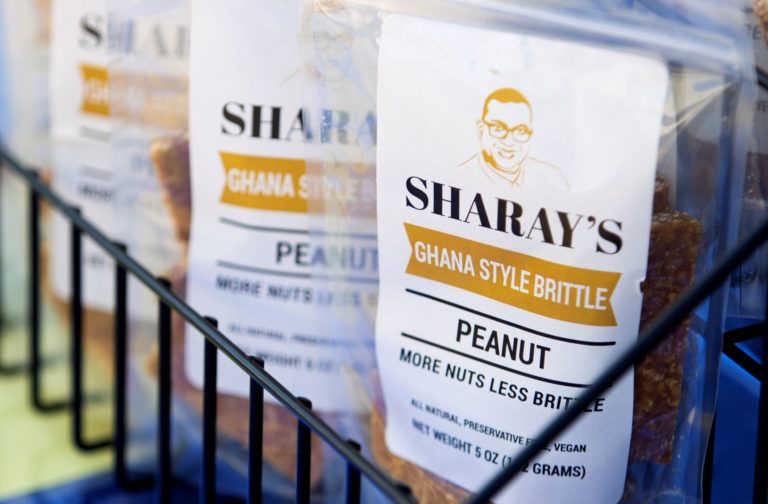 A packet of Sharay's Ghana Style Peanut Brittle.