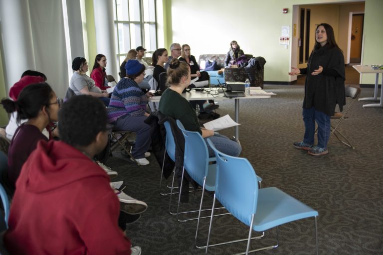 Professor Lori Hilt conducts a teach-in Monday at Hiett Hall.