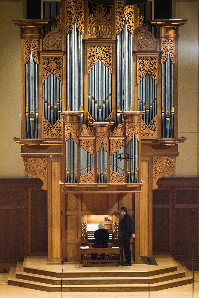 The Brombaugh organ is a centerpiece on the stage of Memorial Chapel