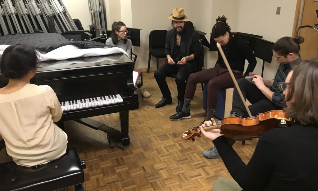 Cory Chisel (wearing hat) works with students as part of fall 2019 Sound Lab