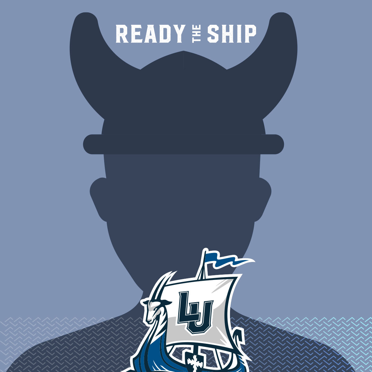 Profile frame for Facebook with "ready the ship" in white text across the top followed by a shadowed face with a viking hat and the new LU Vikings athletics logo on the bottom.