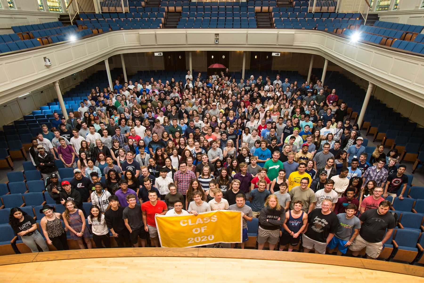 Photo of Class of 2020 in Memorial Chapel during Welcome Week at start of their first year.