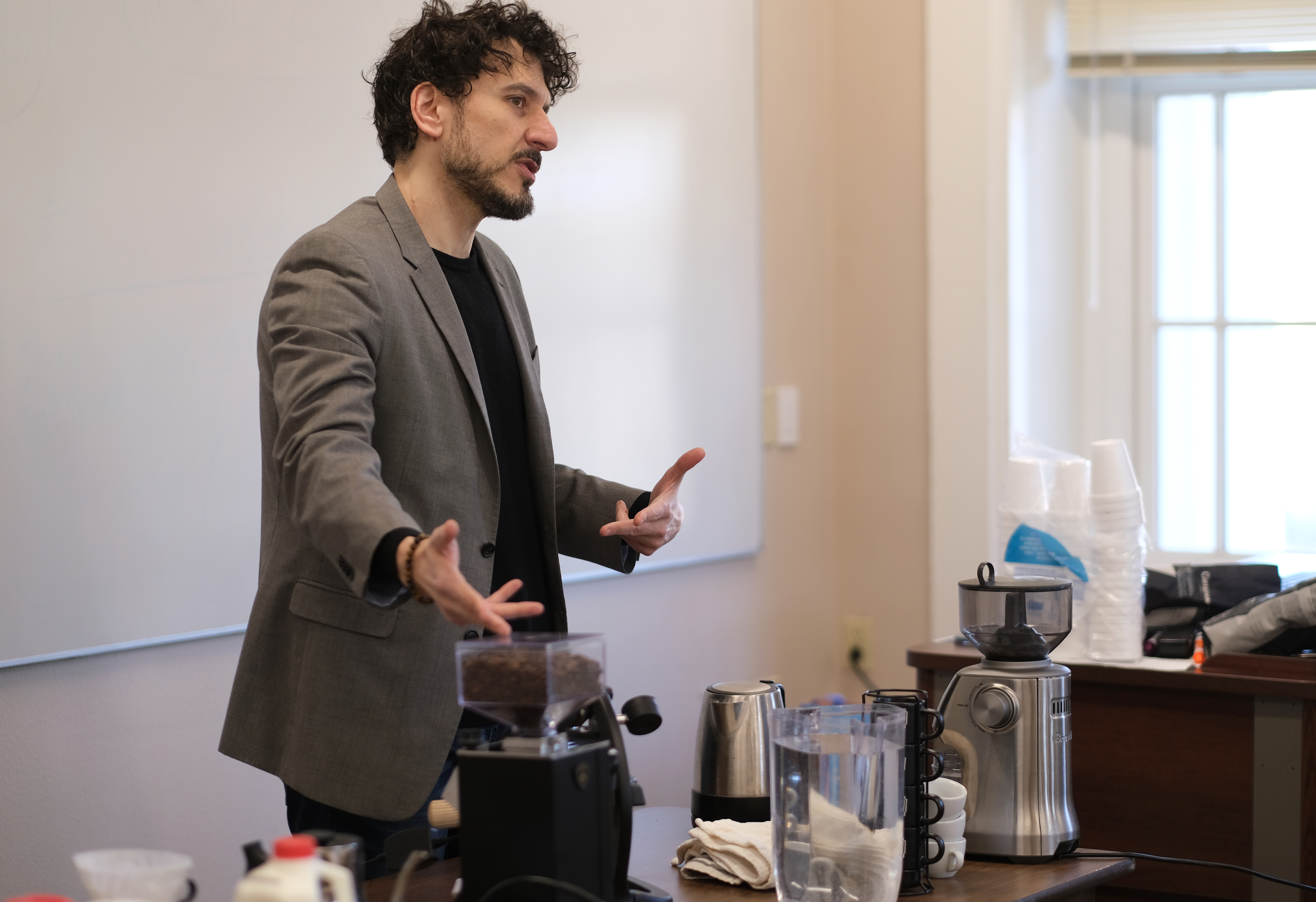 Greg Milano talks about coffee-making equipment. 
