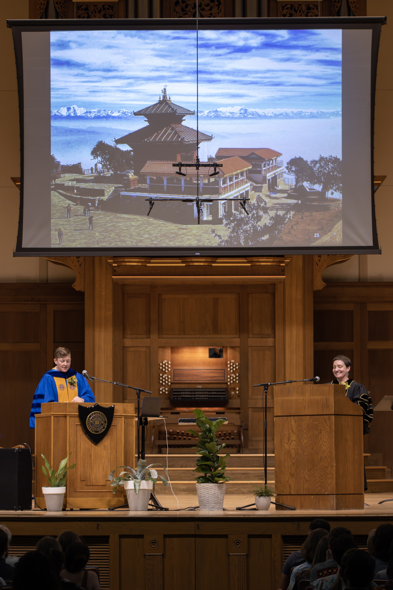Constance Kassor and Madera Allan showed photos from Spain and Nepal on a big screen during their presentation on pilgrimages.