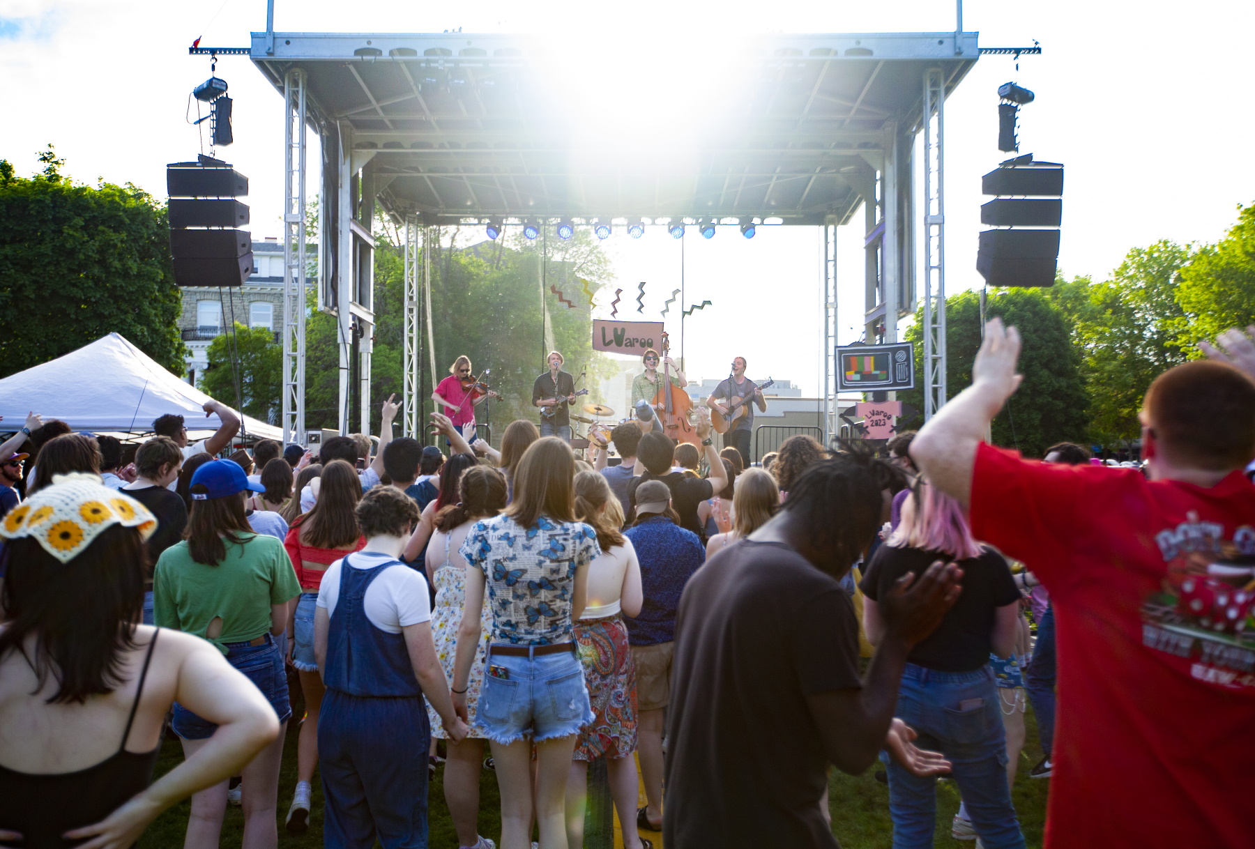 A crowd in front of stage as The Woebegones perform.