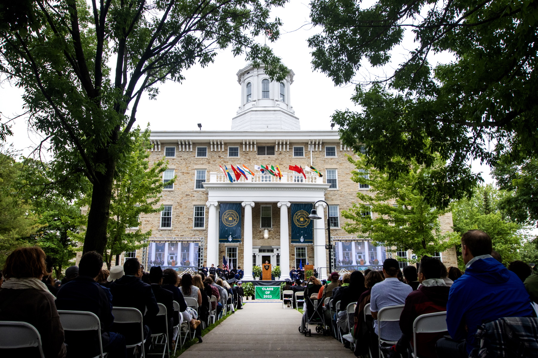 Main Hall provides a beautiful backdrop for Commencement 2023.