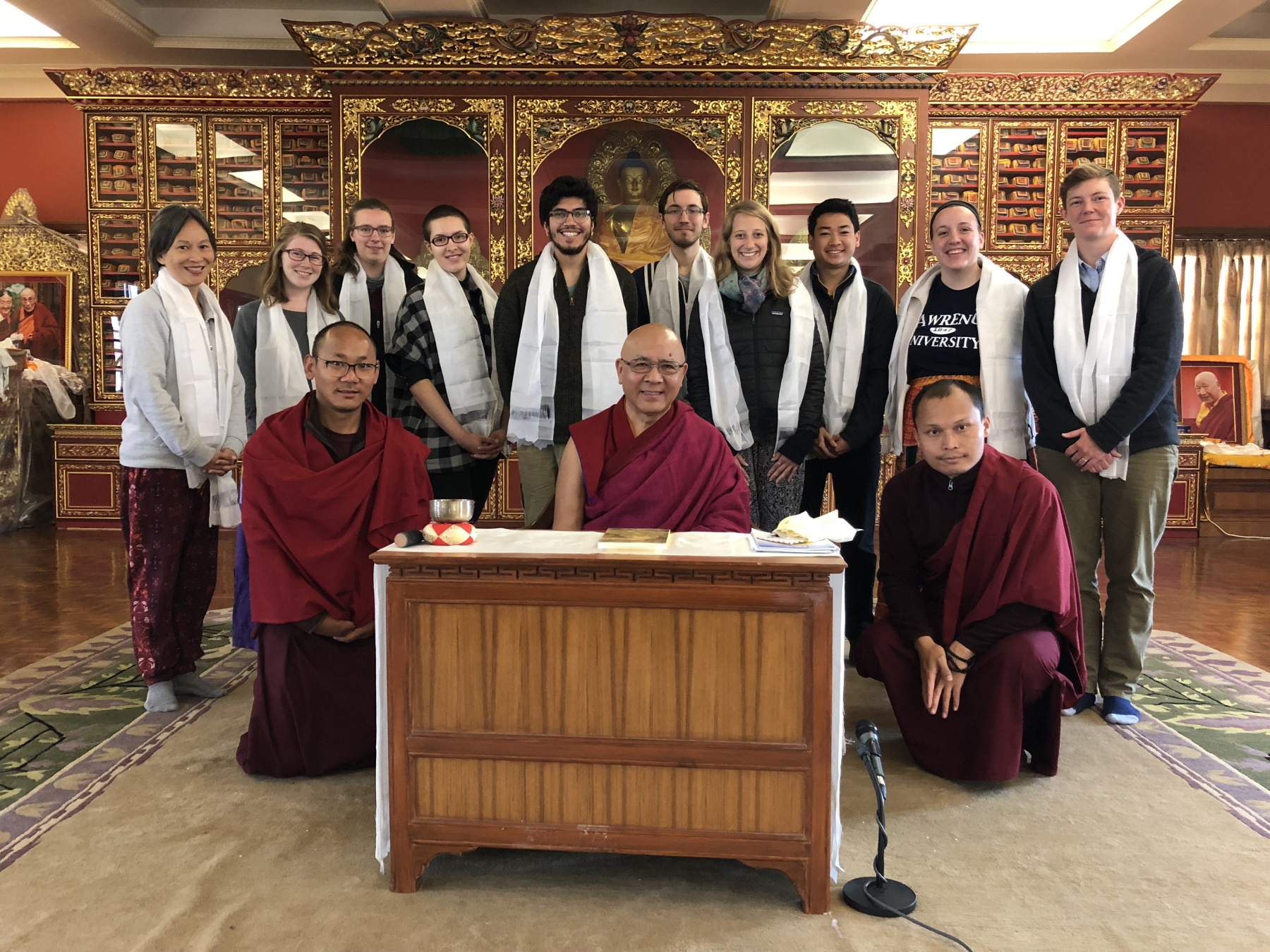 Constance Kassor (far right) has led Lawrence students on trips while studying Buddhist philosophy. Here she joins Lawrence students and Tibetan Buddhist monastic scholars at the International Buddhist Academy in Kathmandu, Nepal in 2017.