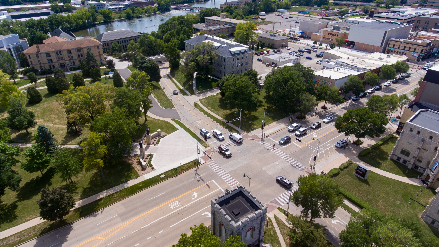 An aerial view of the intersection of College Avenue and Drew Street in Appleton.