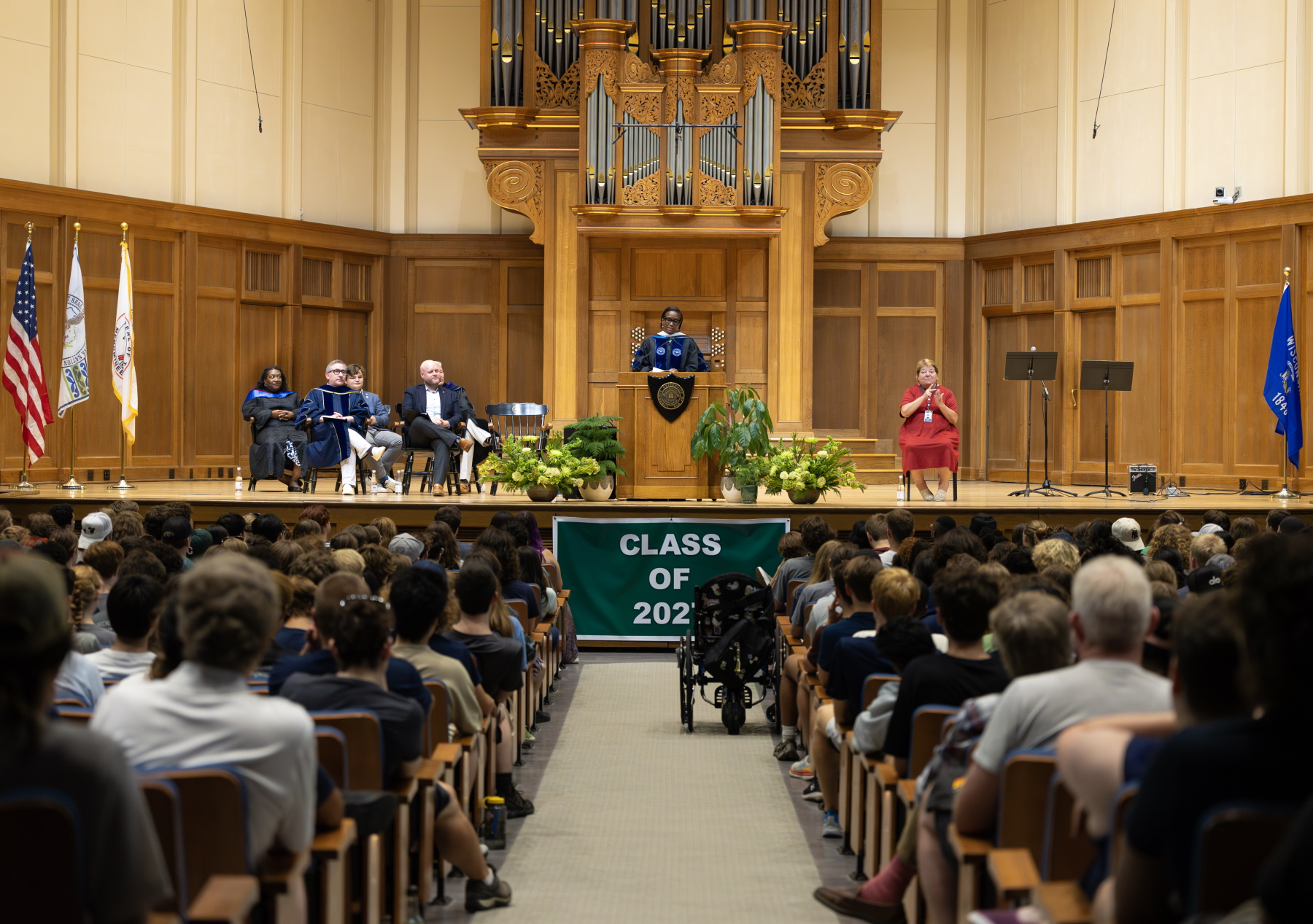 President Laurie Carter speaks to those gathered in Memorial Chapel for the annual President's Welcome.