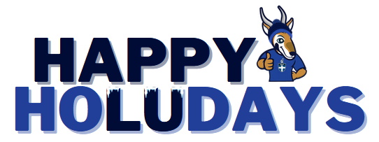 Happy HoLUdays graphic, featuring the mascot Blu.