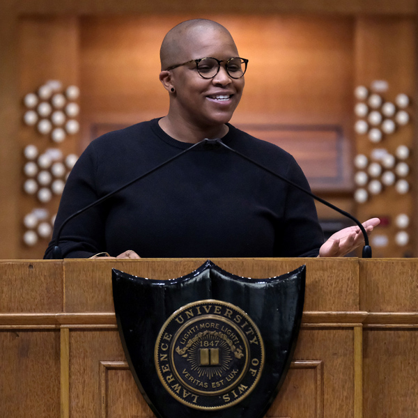 Bell speaking in Lawrence Memorial Chapel