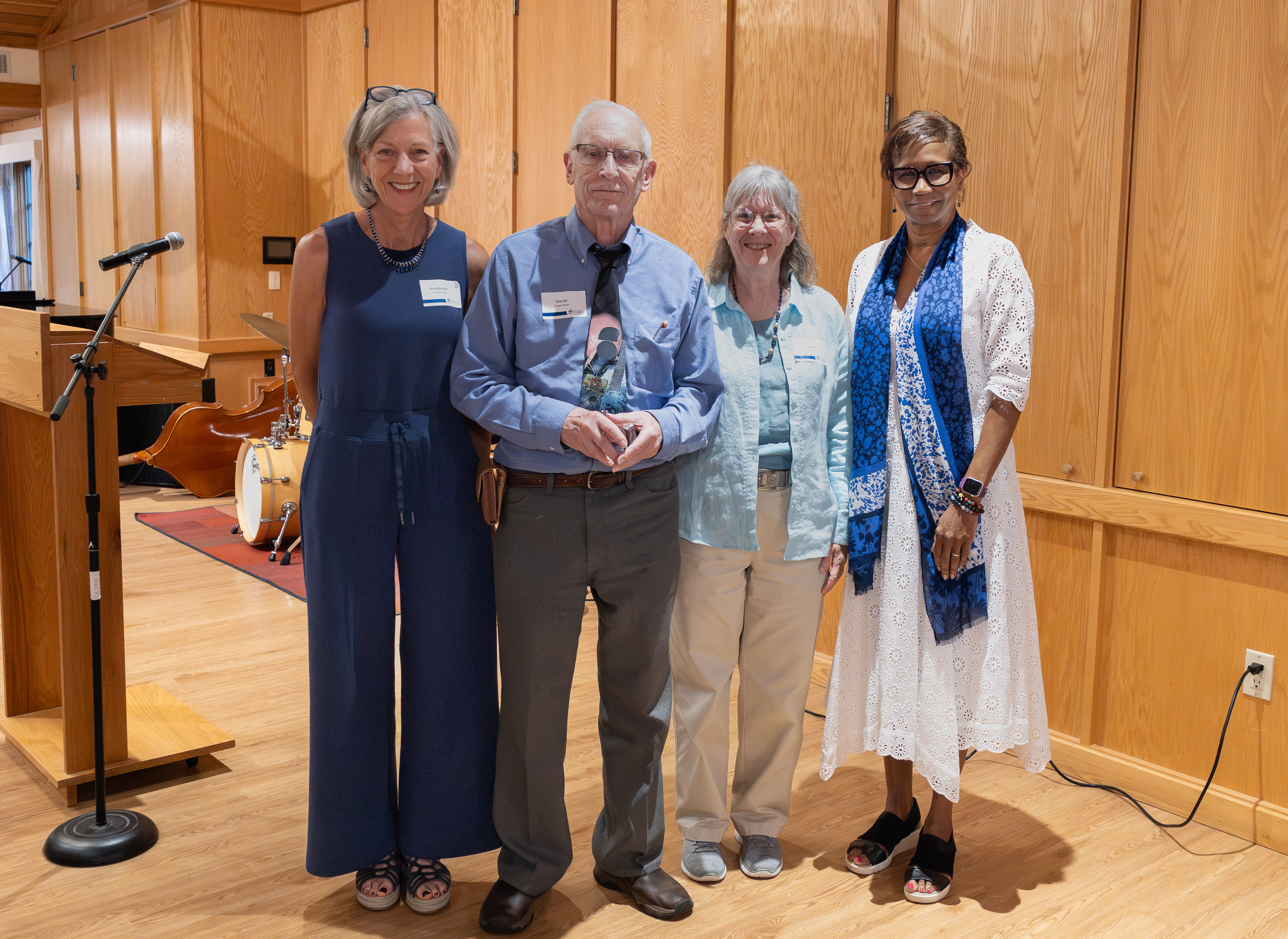 (From left) Stephanie Vrabec, David Lagerman, Louise Mann and Lawrence University President Laurie Carter.