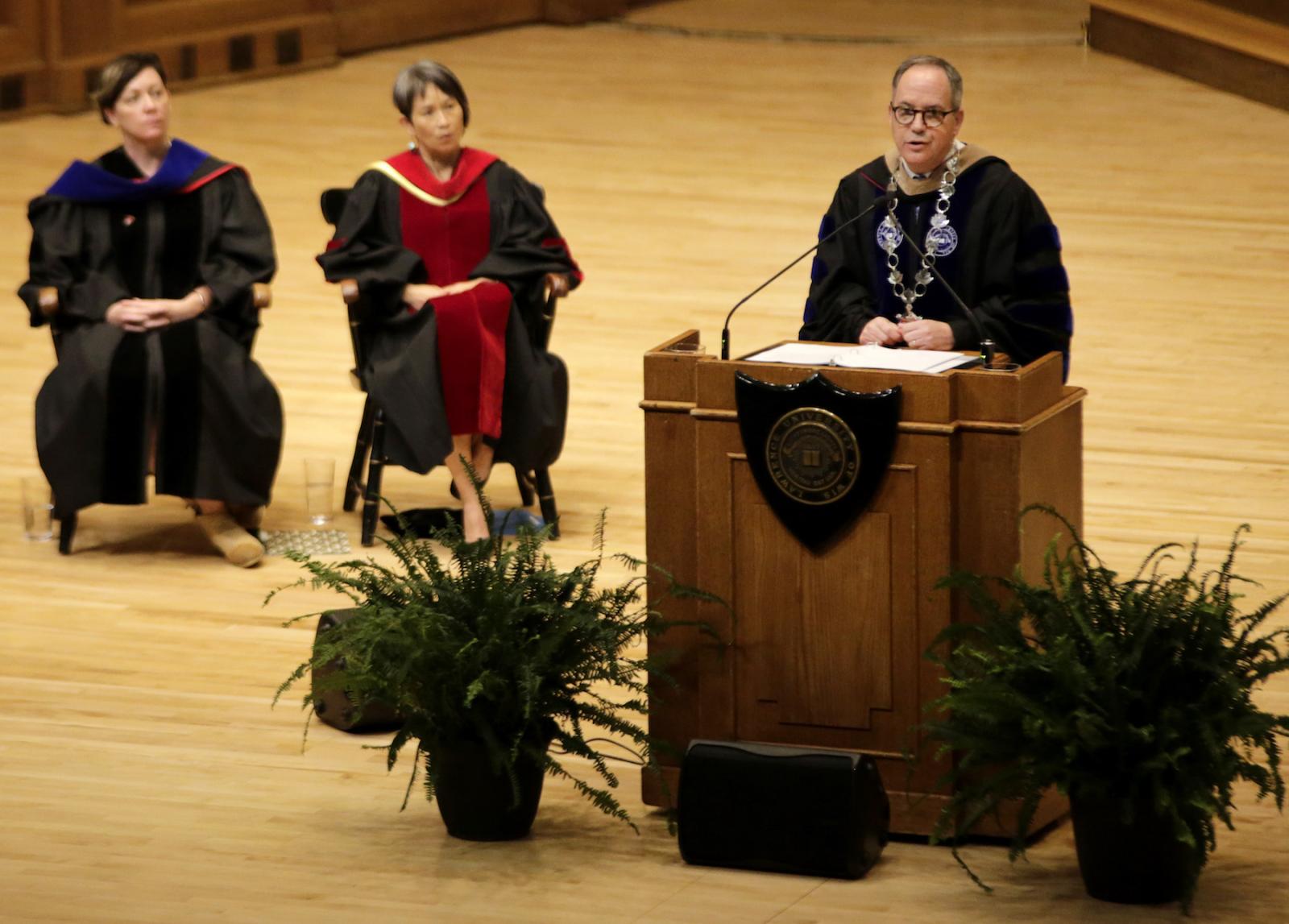 Lawrence University President Mark Burstein speaks during Thursday’s Matriculation Convocation in Memorial Chapel.