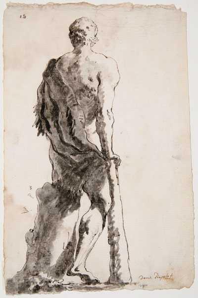 Male figure seen from behind leaning on a club, wearing a ragged cloth. 
