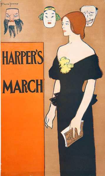 Drawing of a woman in a black dress, three masks behind her, an orange column to her right that says "Harper's March"