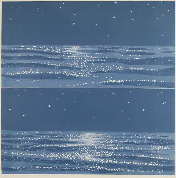 Two images divided by a horizontal line in the center, each scene is of shimmering water under a starry night sky.