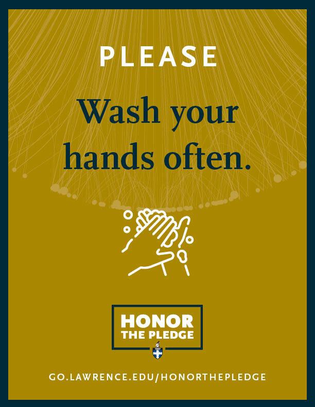 Gold poster that says, "Please wash your hands often."
