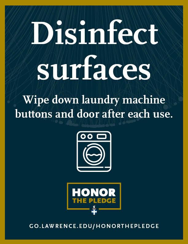 Blue poster that reads, "Disinfect surfaces. Wipe down laundry machine buttons and door after each use."