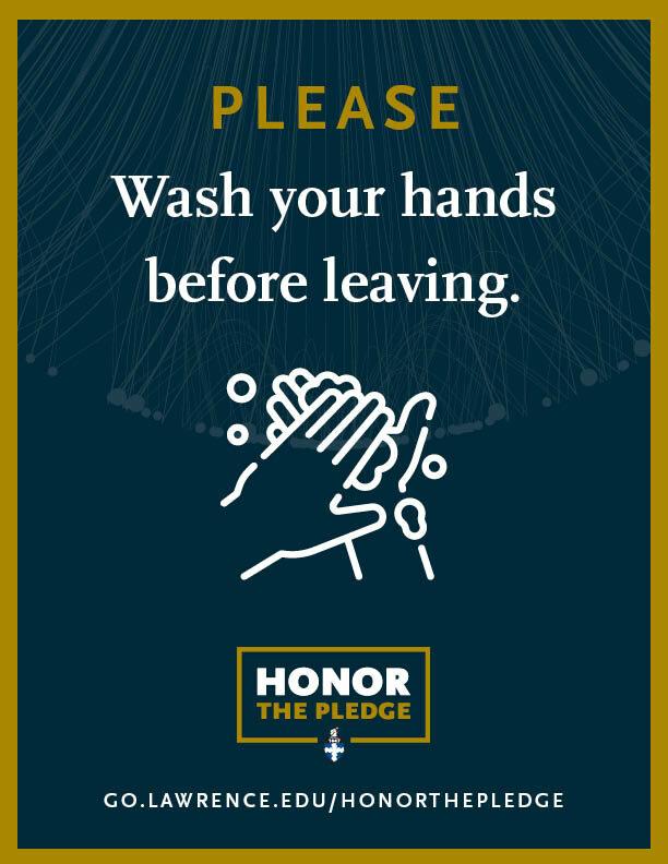 Blue poster that reads, "Please wash your hands before leaving."