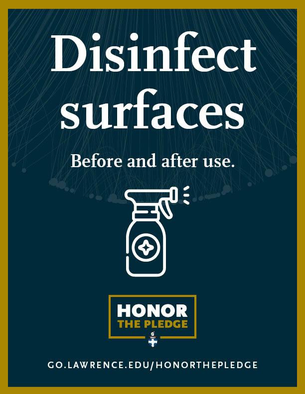 Blue poster that reads, "Disinfect surfaces before and after use."