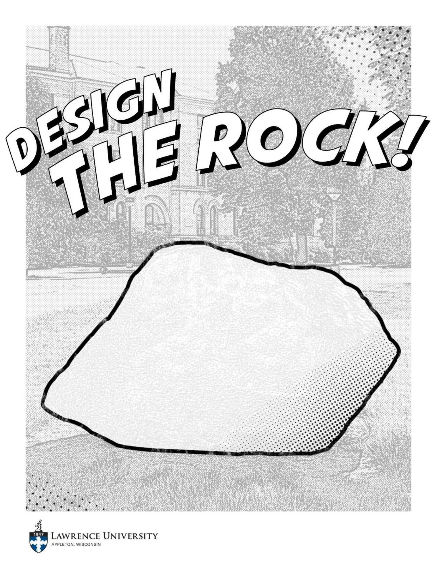 Black and white outline of a rock with text "Design the Rock!" over it.
