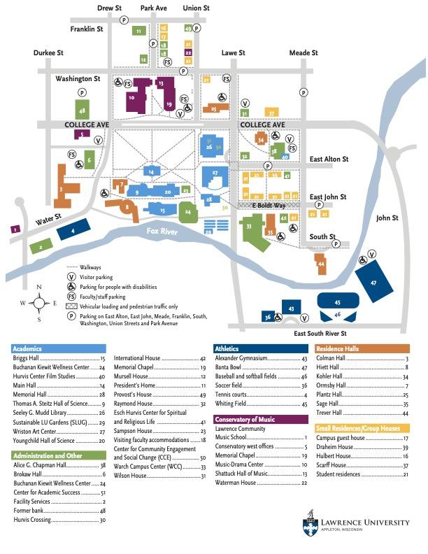 Map of campus buildings and parking lots