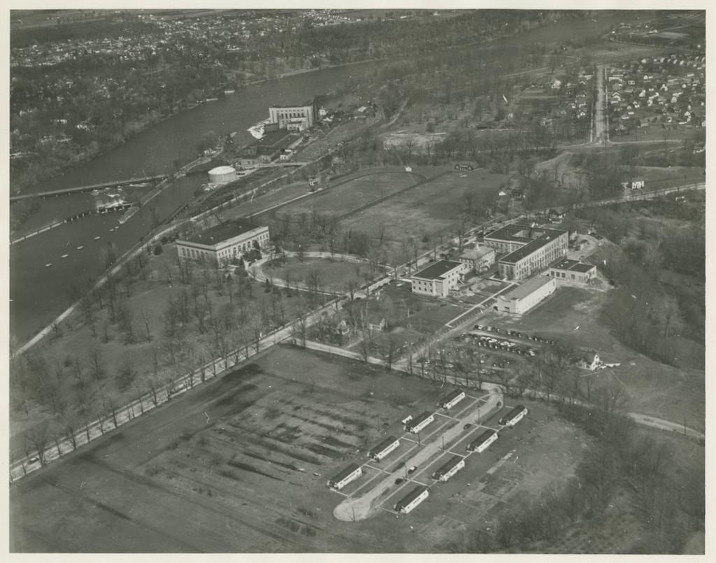 Aerial view of Alexander Gym and Institute of Paper Chemistry campus