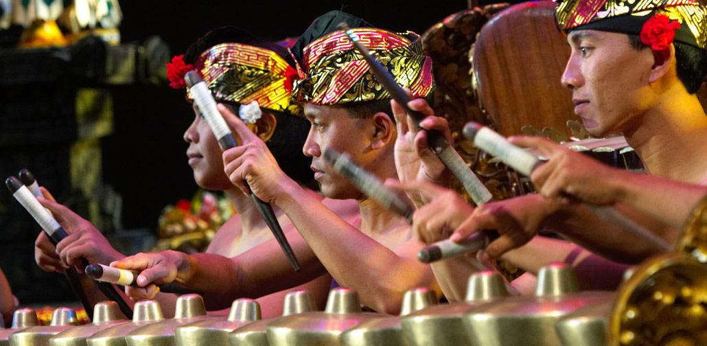 Musicians of performing group Cudamani, playing the reyong 