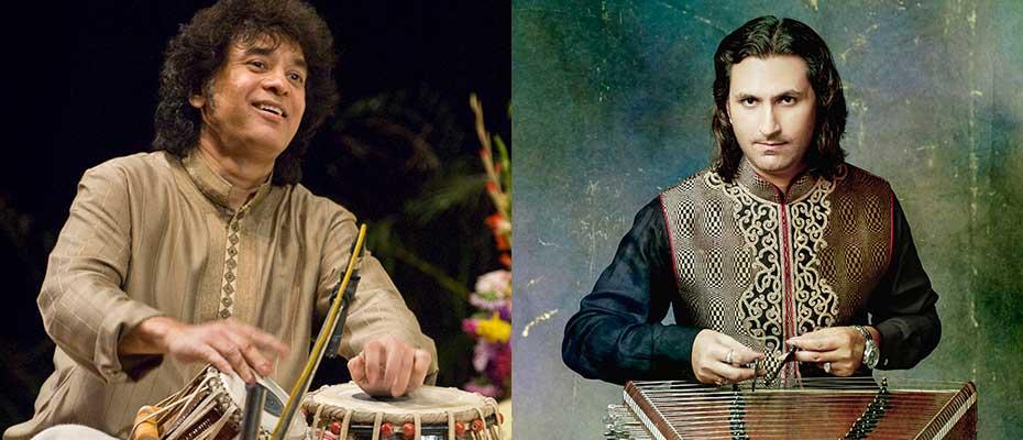 A composite image of Zakir Hussain playing the tabla on the left side and Rahul Sharma playing the Kashmiri Santoor on the right.