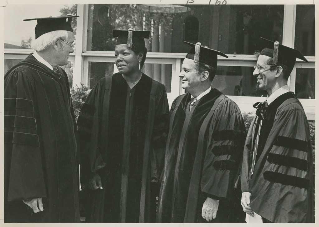 Maya Angelou talks with Lawrence leadership and faculty during a 1976 visit.