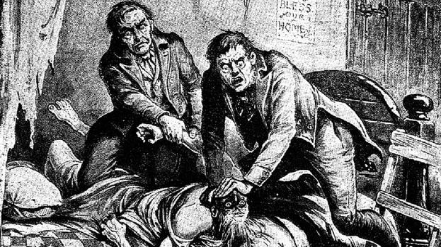 a black and white drawing of the characters Burke and Hare