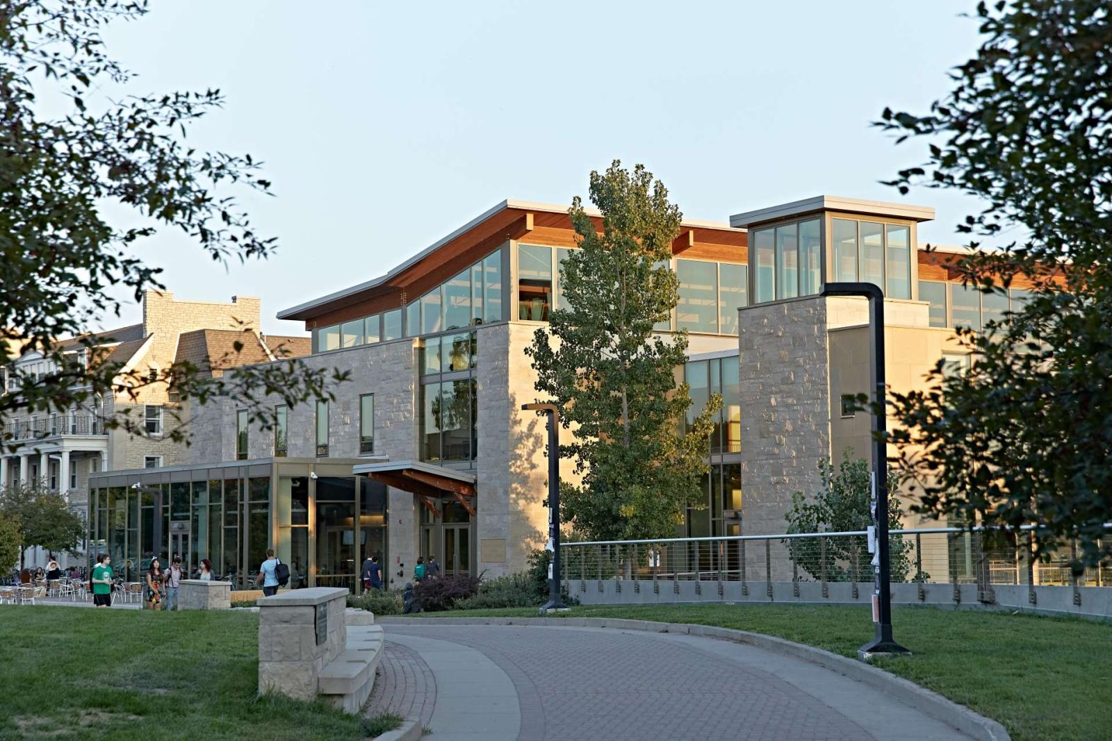 Warch Campus Center on a sunny afternoon from a distance.